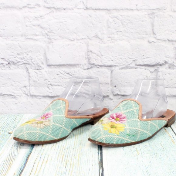 *Soles by Paige Blue Fabric Floral Needlepoint Mule Slide Sandals Size M - Picture 3 of 10